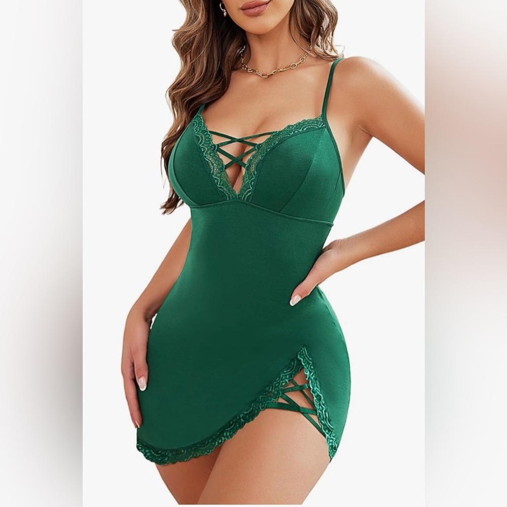 Green Lace Trim Babydoll Chemise Nightgown with Matching Thong - Picture 3 of 7